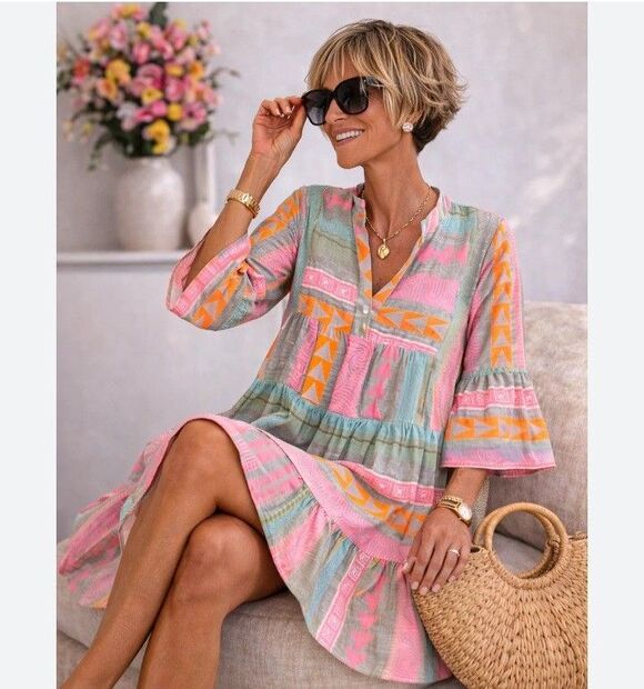 Diva Dresses & Skirts - Diva Usa Women's Boho Geometric Print Tiered Mini Dress Size Medium
